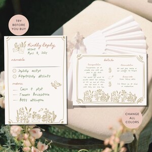 Puede incluir: Una tarjeta de respuesta RSVP de boda con un borde floral dibujado a mano. La tarjeta incluye una secci&oacute;n para el nombre del invitado, una opci&oacute;n para aceptar o rechazar la invitaci&oacute;n y un men&uacute; con tres opciones: Cacio e Pepe, Bruschetta de tomate y Solomillo Wellington. La tarjeta tambi&eacute;n incluye una secci&oacute;n con detalles sobre el transporte y el alojamiento.