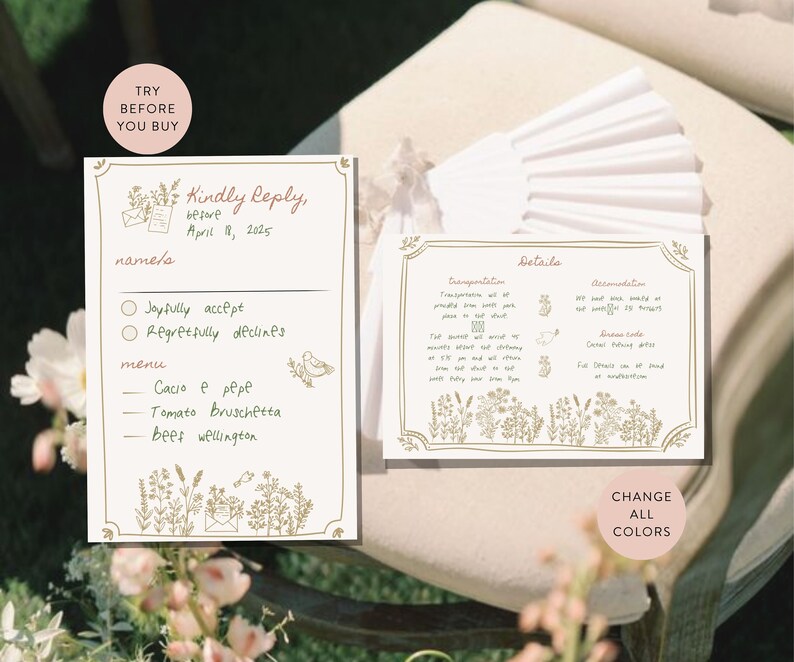 Puede incluir: Una tarjeta de respuesta RSVP de boda con un borde floral dibujado a mano. La tarjeta incluye una secci&oacute;n para el nombre del invitado, una opci&oacute;n para aceptar o rechazar la invitaci&oacute;n y un men&uacute; con tres opciones: Cacio e Pepe, Bruschetta de tomate y Solomillo Wellington. La tarjeta tambi&eacute;n incluye una secci&oacute;n con detalles sobre el transporte y el alojamiento.