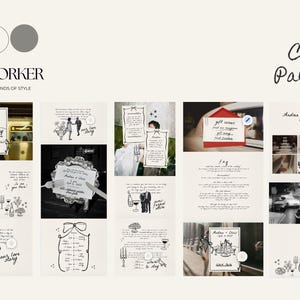 May include: A collage of images showcasing a wedding invitation suite with a black and white color palette. The invitation features a handwritten font and a simple design with a floral motif. The images include a close-up of the invitation, a couple walking down the aisle, and a table setting with a floral centerpiece.