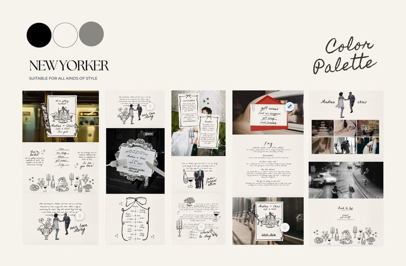 May include: A collage of images showcasing a wedding invitation suite with a black and white color palette. The invitation features a handwritten font and a simple design with a floral motif. The images include a close-up of the invitation, a couple walking down the aisle, and a table setting with a floral centerpiece.
