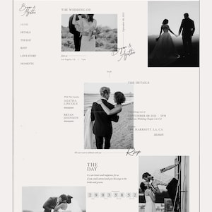 May include: A wedding invitation website featuring black and white photographs of the couple. The website provides details about the wedding date, time, location, and RSVP information. It also includes a section for the couple's love story and special moments.