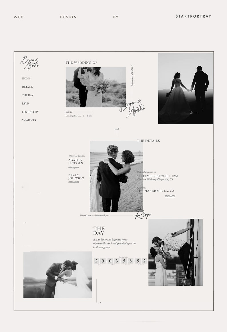 May include: A wedding invitation website featuring black and white photographs of the couple. The website provides details about the wedding date, time, location, and RSVP information. It also includes a section for the couple's love story and special moments.