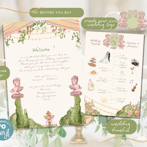 CRONOGRAMA DE LA BODA + Plantilla de carta de bienvenida, itinerario, nota de bienvenida, acuarela colorida y caprichosa, dibujada a mano, garabateada e ilustrada / 005