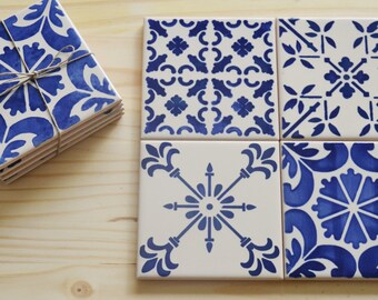 Set of 4 Ceramic Tiles, Coasters, portuguese Hand painted tiles