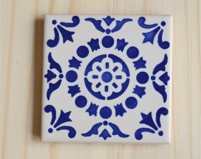 Azulejo, Portuguese  tiles, hand painted, ceramic coaster, 3 color options: blue, turquoise & green