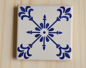 Azulejo, Portuguese  tiles, hand painted, ceramic coaster, 3 color options: blue, turquoise & green