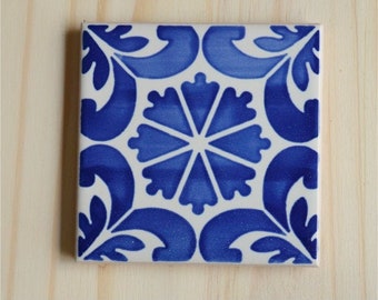 Azulejo, Portuguese  tiles, hand painted, ceramic coaster, 3 color options: blue, turquoise & green