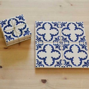 Set of 4 Ceramic Tiles, Coasters, portuguese Hand painted, Blue Tiles, Pack 1