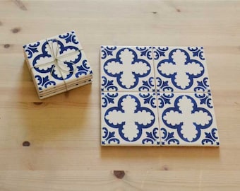 Set of 4 Ceramic Tiles, Coasters, portuguese Hand painted, Blue Tiles, Pack 1