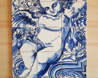 Portuguese replica Tile Mural, Barroc Angel, hand painted in cobalt blue