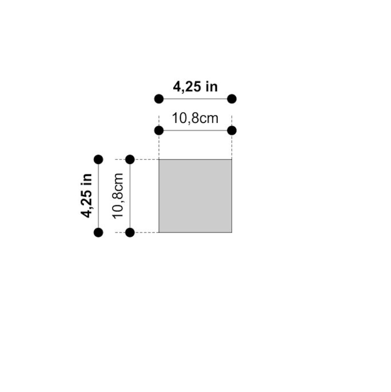May include: A square-shaped object with dimensions of 4.25 inches by 4.25 inches or 10.8 cm by 10.8 cm.