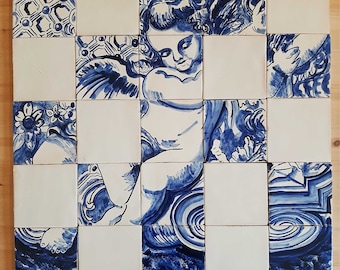 Portuguese replica Tile Mural, Barroc Angel, hand painted in cobalt blue, variation A