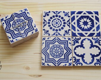 Portuguese tiles, Set of 4 Ceramic Tiles, Coasters, decorative tiles