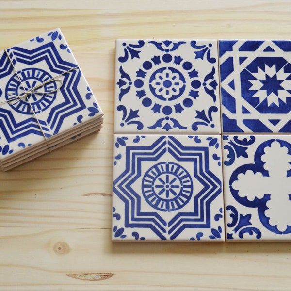 Portuguese tiles, Set of 4 Ceramic Tiles, Coasters, decorative tiles