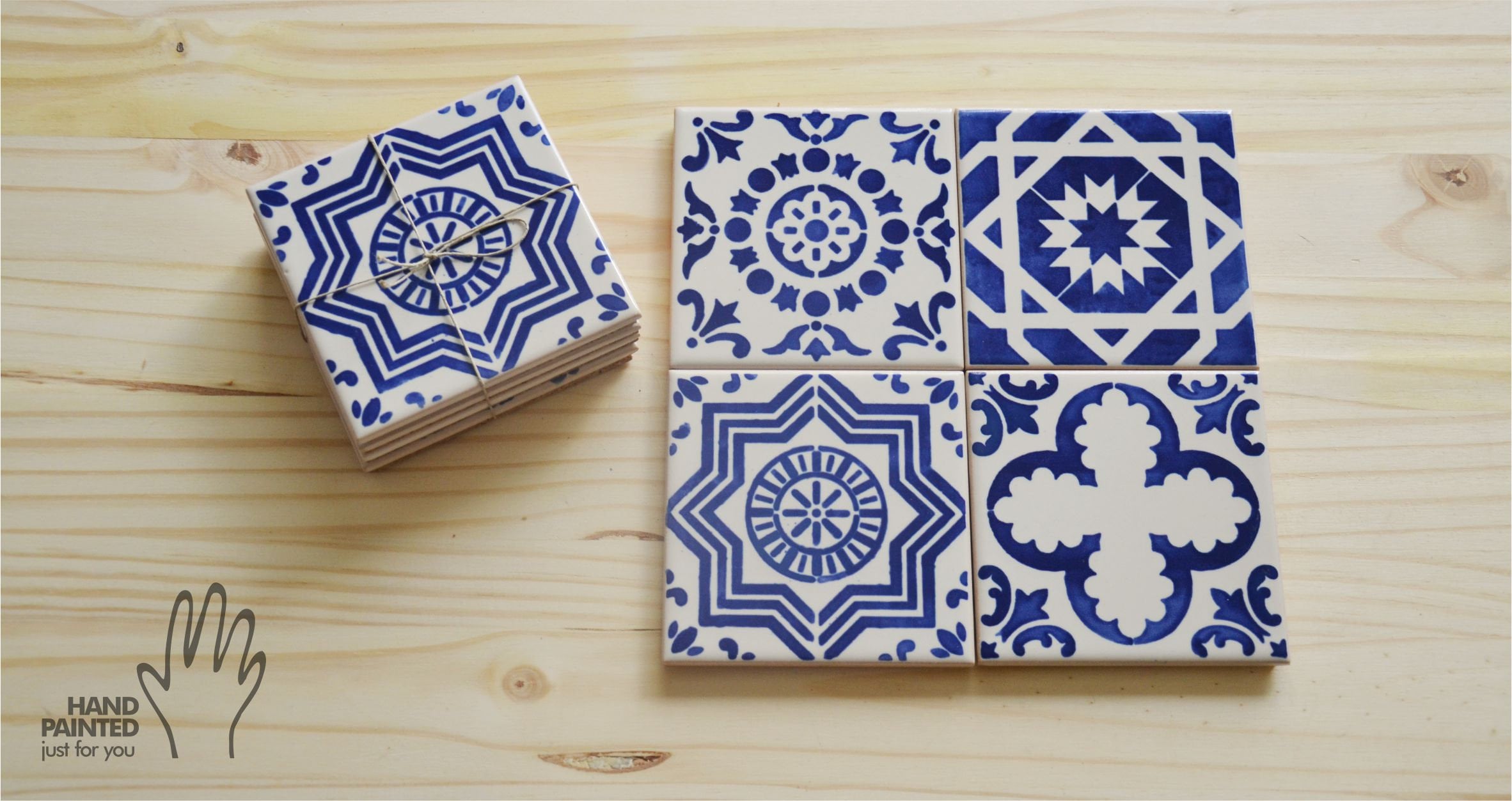 Pier 1 Imports - Porcelain Tile Coasters - Blue & White Set of 4 Moroccan  Floral