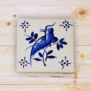 Portuguese tile, hand painted, decorative tile, 18th century replica tile, blue tiles, bird