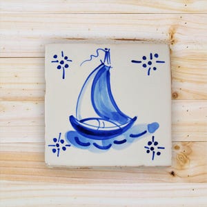Portuguese tile, hand painted, decorative tile, 18th century replica tile, blue tiles, Rooster + 2 fish + sailboat