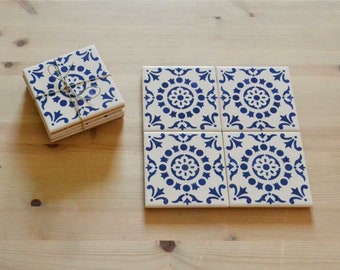Set of 4 Ceramic Tiles, Coasters, portuguese Hand painted, Blue Tiles, Pack 2