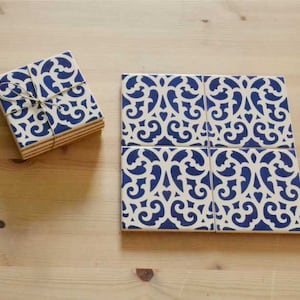 Set di 4 piastrelle in ceramica, sottobicchieri, piastrelle portoghesi, dipinti a mano, piastrelle blu, Pack 5