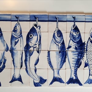 Portuguese replica Tile Mural,  fish hang, hand painted in cobalt blue