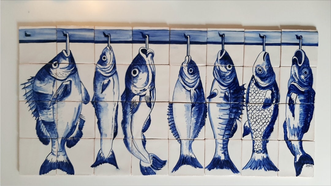 Portuguese Replica Tile Mural, Fish Hang, Hand Painted in Cobalt