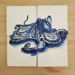 Octopus, Tile panel, Portuguese Tiles, Decorative tile panel, Sea Collection, hand painted, Kitchen backsplash