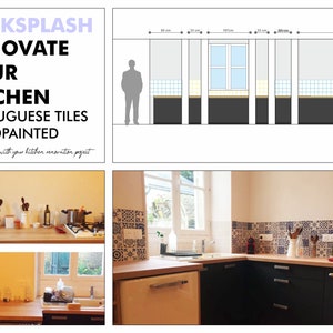 May include: A kitchen renovation project featuring hand-painted Portuguese tiles. The tiles are blue and white with geometric patterns. The tiles are installed as a backsplash behind a kitchen sink and countertop. The image also shows a diagram of the tile installation with measurements in centimeters.
