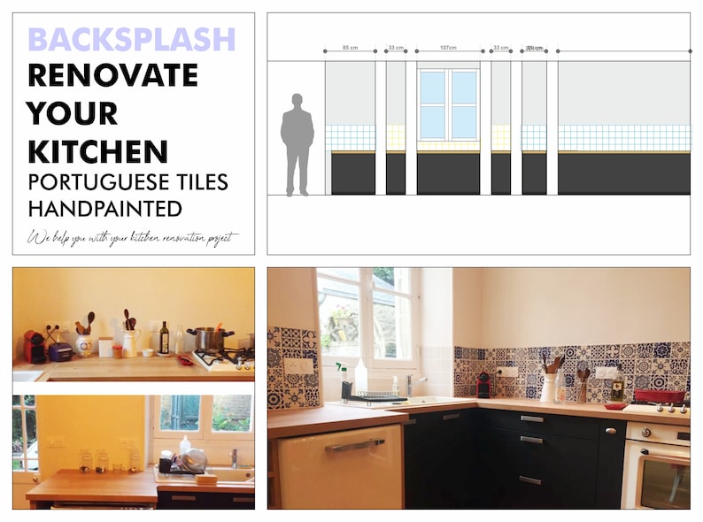 May include: A kitchen renovation project featuring hand-painted Portuguese tiles. The tiles are blue and white with geometric patterns. The tiles are installed as a backsplash behind a kitchen sink and countertop. The image also shows a diagram of the tile installation with measurements in centimeters.