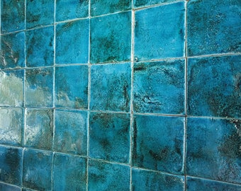 Portugal azulejo , Handmade tile, Blue ocean color, Glazed tile, 11x 11 cm - Pack 25 tiles