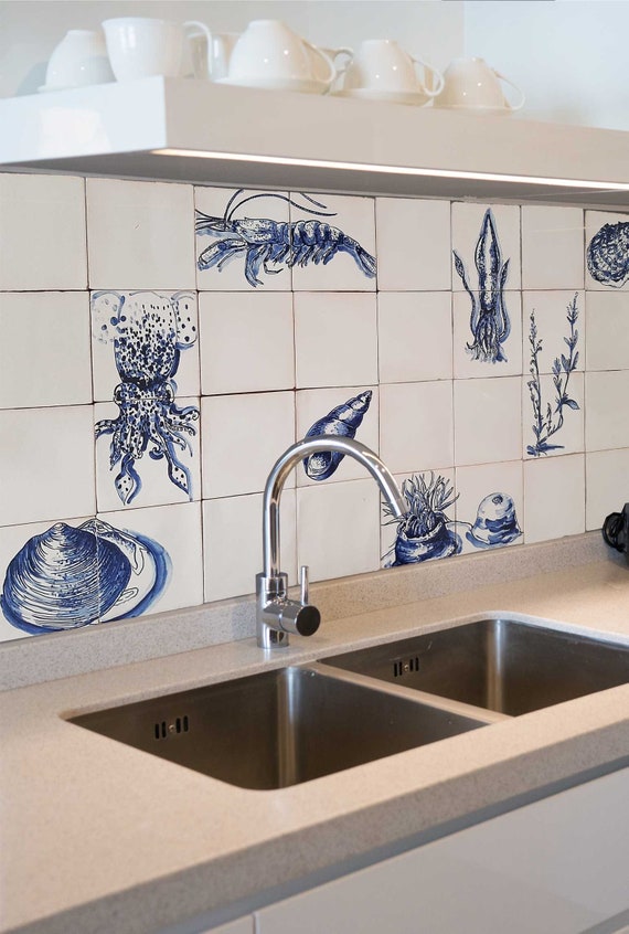 Juego de 9 baldosas decorativas de cerámica pintadas a mano para interiores  y exteriores – Cocina de azulejos artesanales españoles – Azulejos