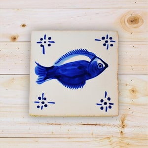 Fish  tile, hand painted, decorative tile, 18th century, portuguese  replica tile, blue tiles