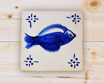 Azulejo de pescado, pintado a mano, azulejo decorativo, siglo 18, azulejo réplica portugués, azulejos azules