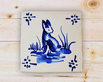 Portuguese tile, hand painted, decorative tile, 18th century replica tile, blue tiles, Rabit