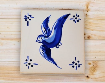 Portuguese tile, hand painted, decorative tile, 18th century replica tile, blue tiles, Swallow