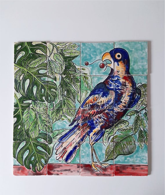 Grand Panneau Mosaïque Dosseret Oiseaux – Céramique Peinte à La Main (Tunisie)