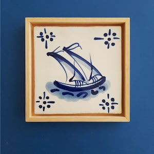 Portuguese tile, hand painted, decorative tile, 18th century replica tile, blue tiles, Caravel