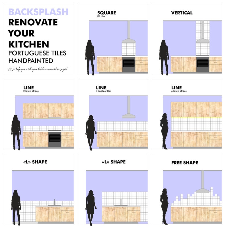 May include: A diagram showing different shapes and sizes of kitchen backsplashes with Portuguese hand-painted tiles. The backsplashes are shown in a line, square, vertical, and free shape. The diagram includes the text "BACKSPLASH RENOVATE YOUR KITCHEN PORTUGUESE TILES HANDPAINTED We help you with your kitchen renovation project".