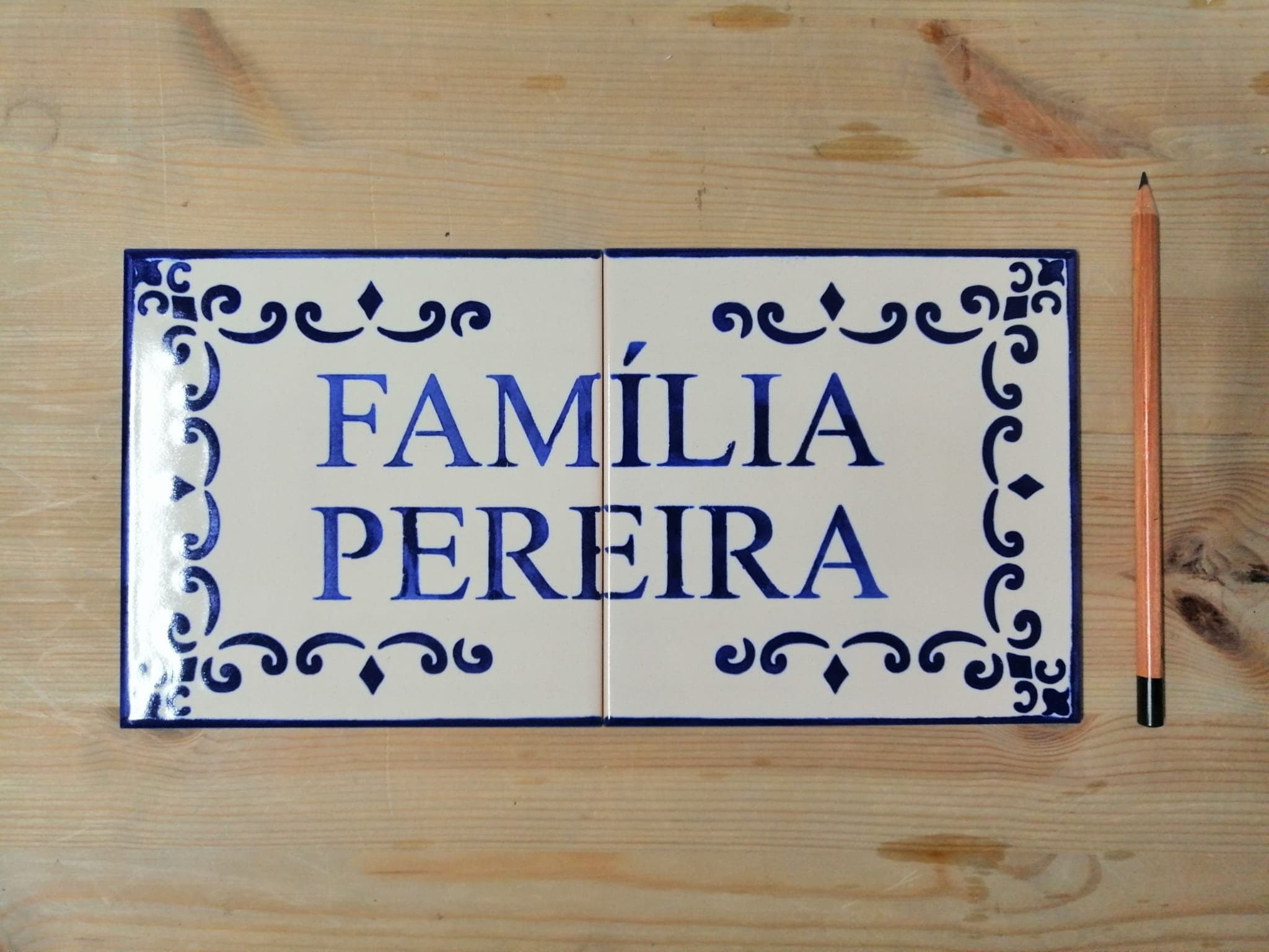 Custom Family Name or  Address Tile Mural, in Portuguese Tiles, handpainted, in Blue 15 x 30 cm