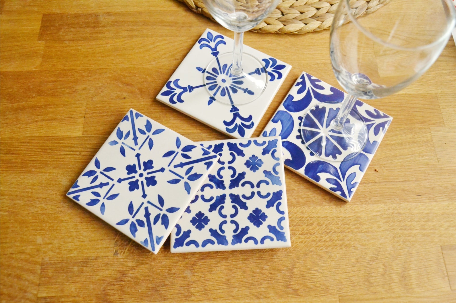 Set of 4 Ceramic Tiles Coasters Portuguese Hand Painted Etsy