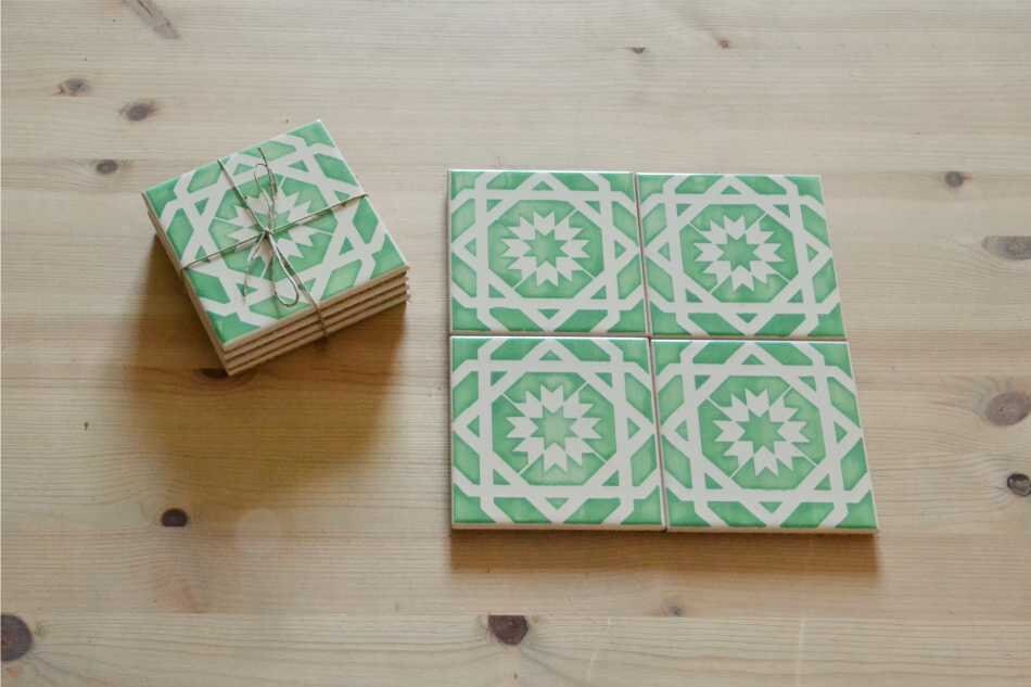 ポルトガルタイル、セラミックタイル 4 枚セット、コースター、手描き