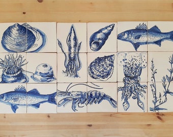 Portuguese Tiles, Decorative tile mural, Sea Collection, hand painted, blue tiles