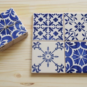 Juego de 4 azulejos de cerámica, posavasos, azulejos portugueses pintados a mano