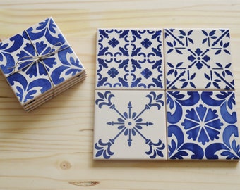 Set of 4 Ceramic Tiles, Coasters, portuguese Hand painted tiles