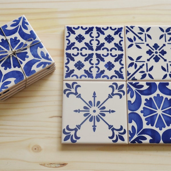 Set of 4 Ceramic Tiles, Coasters, portuguese Hand painted tiles