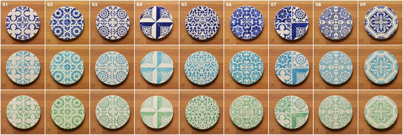 May include: Nine different round ceramic tiles with blue and white geometric patterns. The tiles are arranged in three rows of three, with each tile having a unique design.