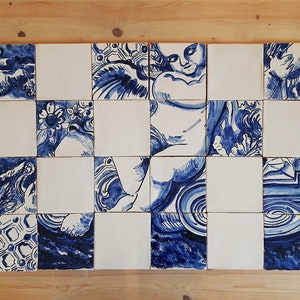 Portuguese replica Tile Mural, Barroc Angel, hand painted in cobalt blue, variation B