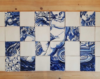 Portuguese replica Tile Mural, Barroc Angel, hand painted in cobalt blue, variation B