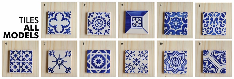 May include: Eleven different blue and white ceramic tile designs with intricate patterns. Tiles All Models.