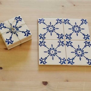 Set of 4 Ceramic Tiles, Coasters, portuguese tiles, Hand painted, Blue Tiles, Pack 7