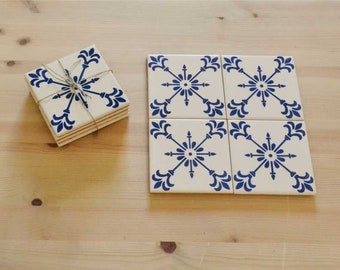 Set of 4 Ceramic Tiles, Coasters, portuguese tiles, Hand painted, Blue Tiles, Pack 7